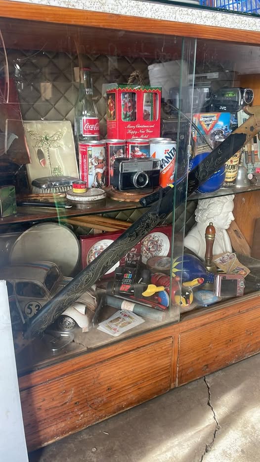 Wood-and-glass cabinet of collectables: vintage cameras, bottles, tins